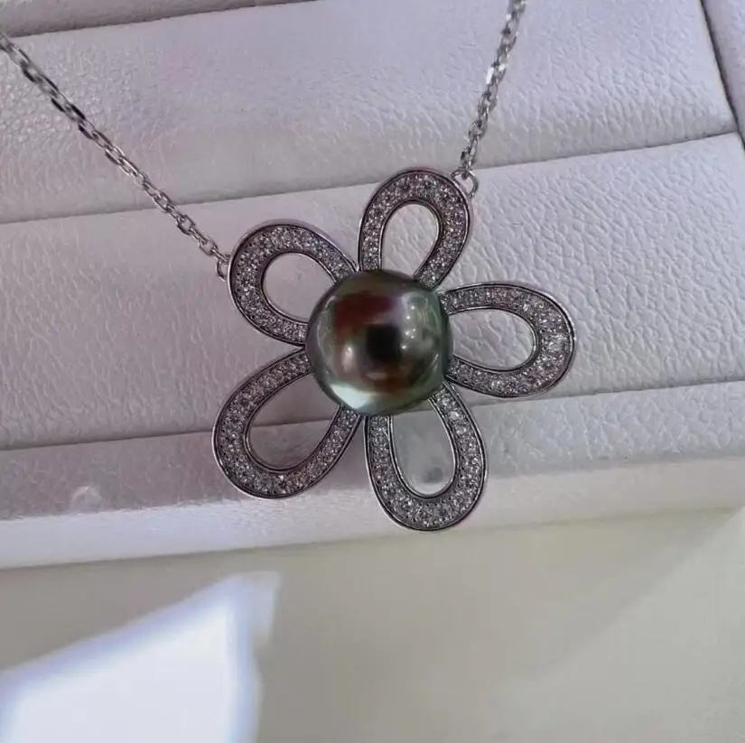 stunning 9-10mm tahitian round black green pearl pendant 925s