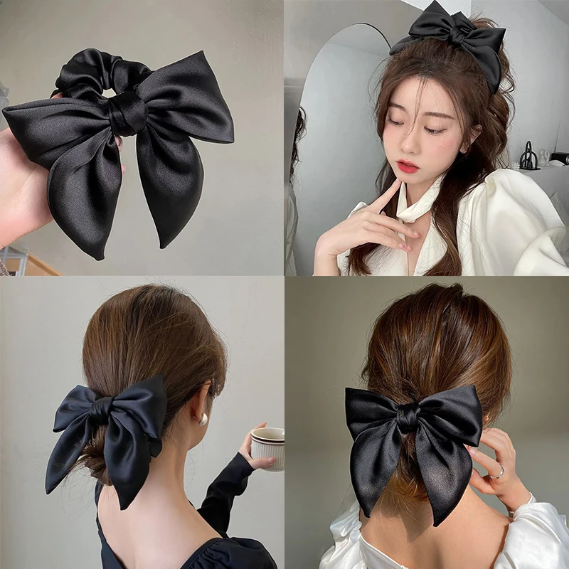 Elegante fiocco nastro fascia per capelli donna cravatta per capelli ragazze solido raso Bowknot Scrunchies coda di cavallo grandi elastici