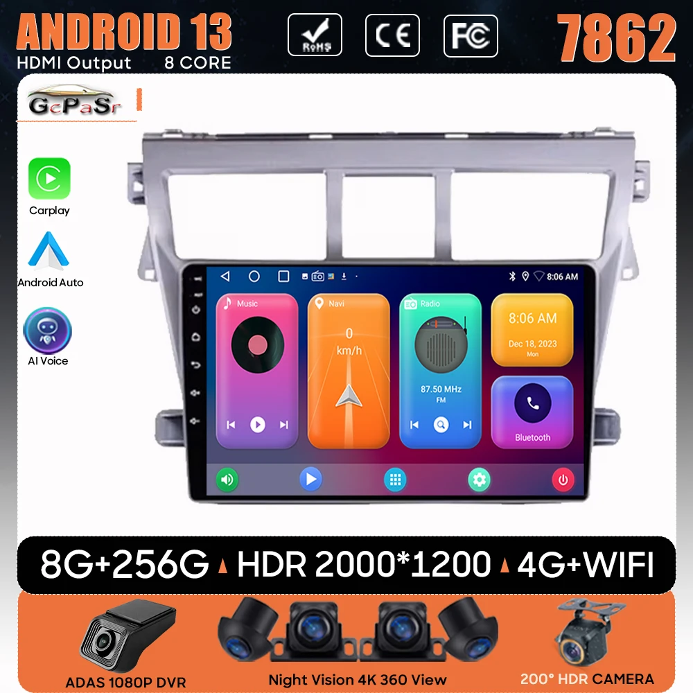 

Car Radio Android 13 For Toyota Vios Yaris 2007 2008 - 2012 Navigation GPS Android Auto Carplay Multimedia Player Unit No 2din