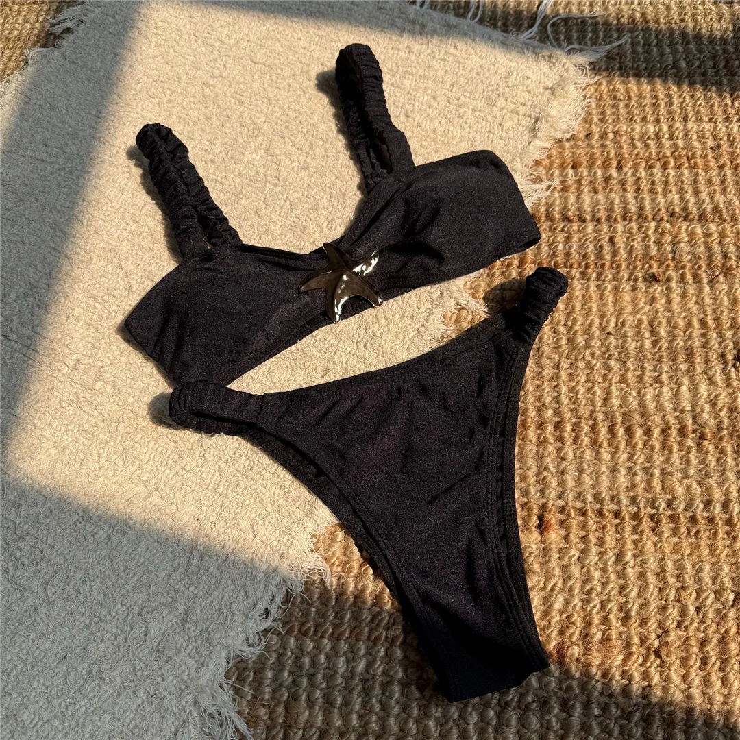 Sexy Bikini mit hohem Beinausschnitt und Metallstern, zweiteiliger Badeanzug für Damen, gepolsterter Badeanzug, Badebekleidung, Modell V7029. – Detail 13