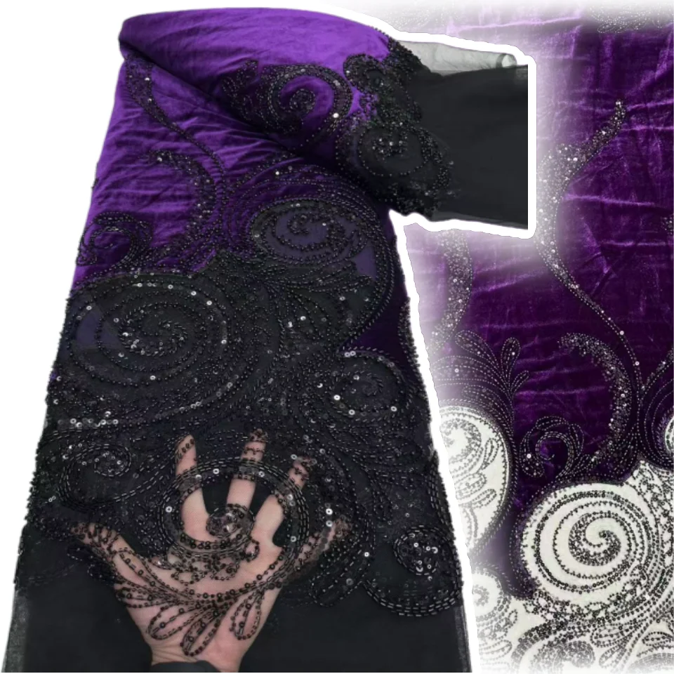 Velvet George Lace Fabric Heavily Beade Luxurious Velvet African Lace Fabric High Quality for Making Women Wedding Dress CC1599