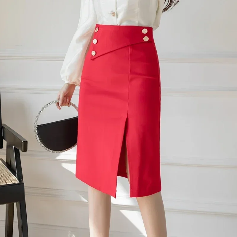 

Elegant Office Mid Length Skirts Women 2025 Oversized Fashion Button Sexy Black Skirt Korean y2k Clothes High Waist Midi Faldas