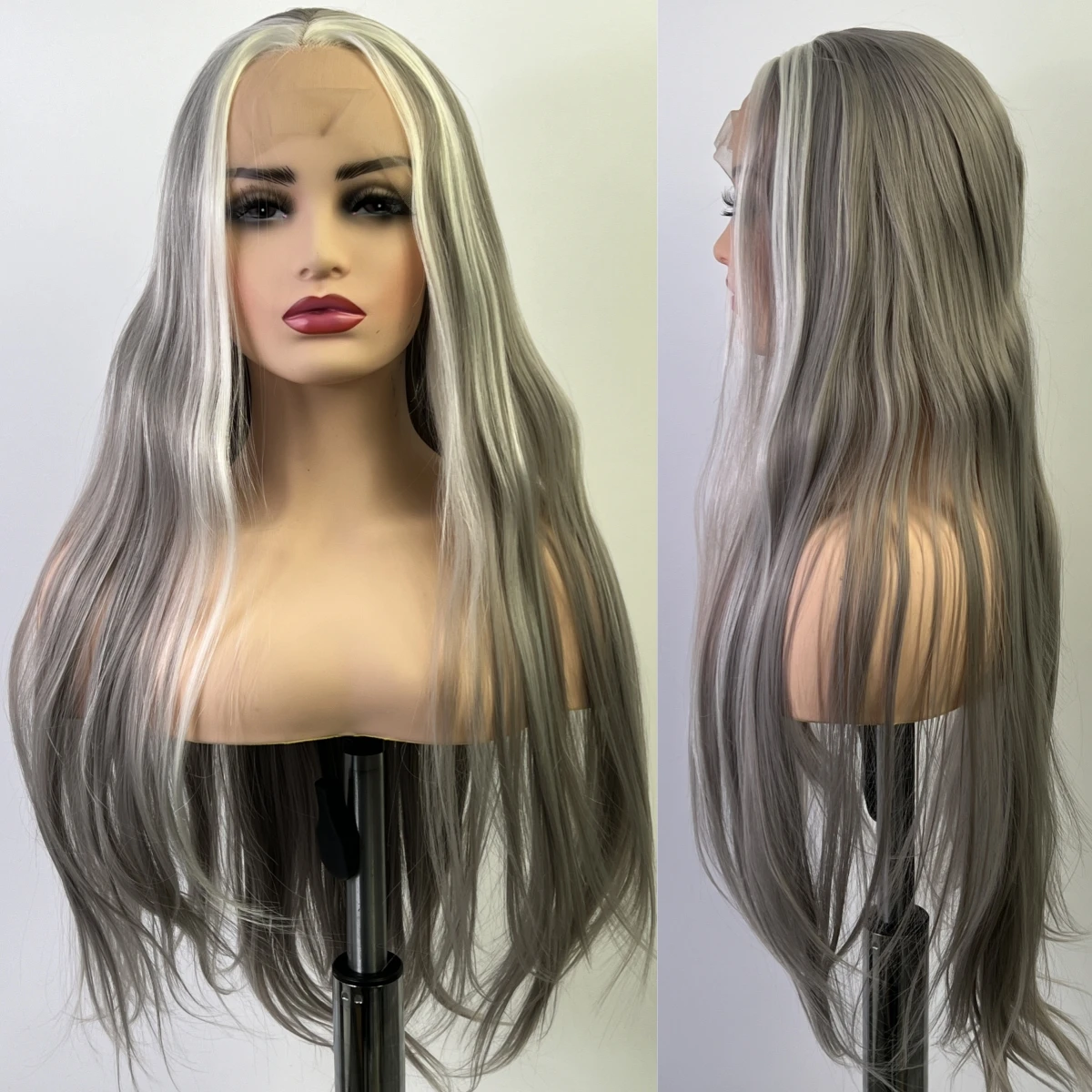 Cwigs Grey synthetic lace front wig long straight hair wig natural hairline 180Density smooth heat-resistant cosplay women's wig