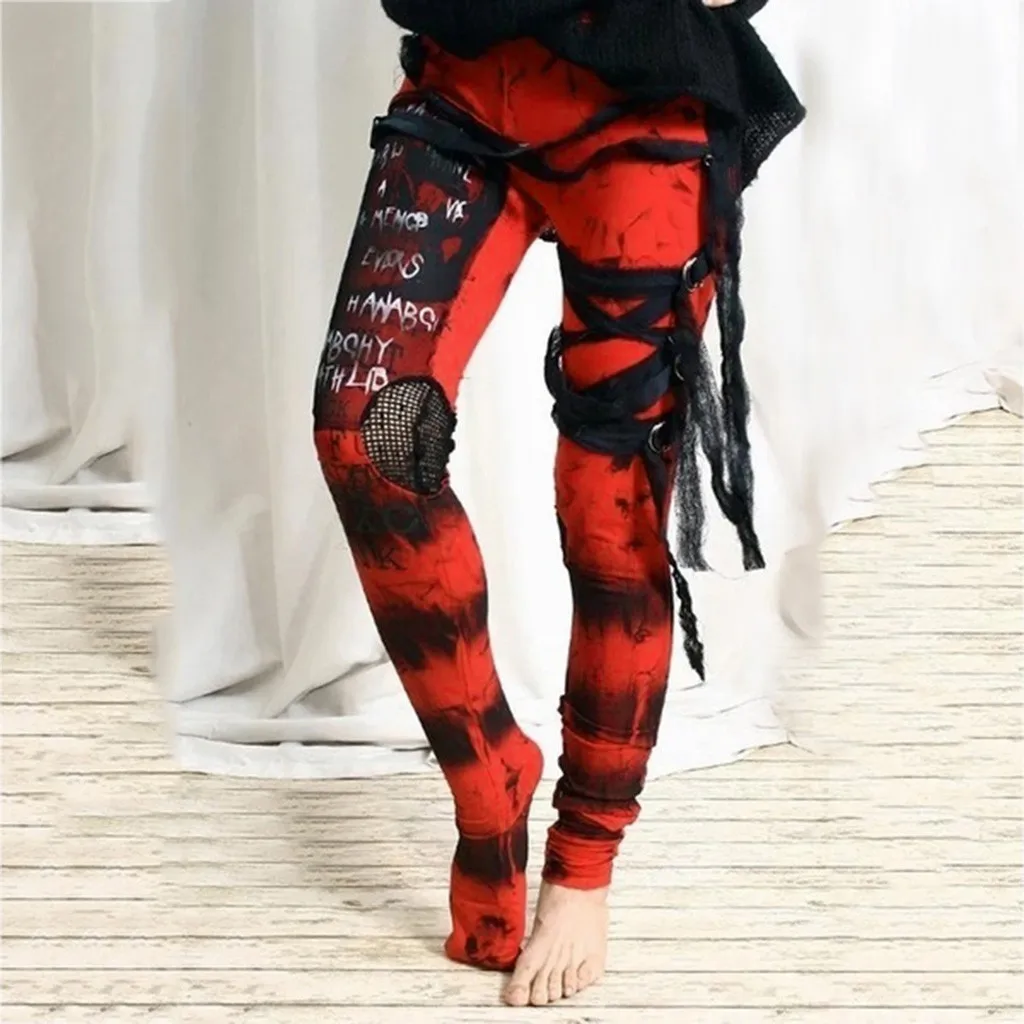 Tie Dye Women Gothic Pants Leggings Bandage Distressed Pants Slim Fit Women's Cool Punk Trousers Fashion Vintage Streetwear Pant