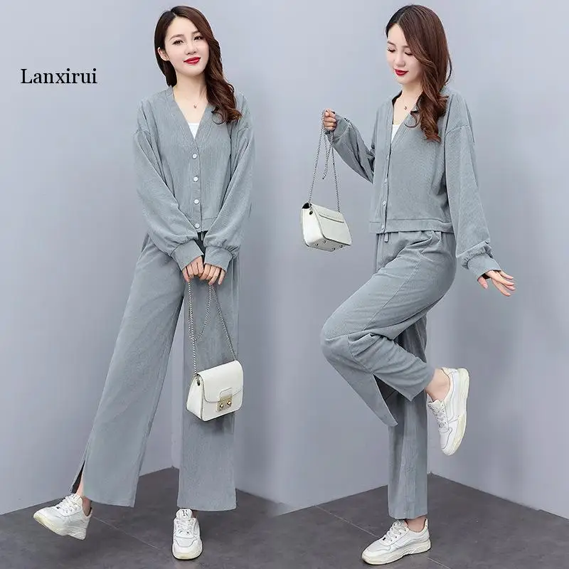 

Casual Sports Suit Women's 2022 Autumn Dress New Loose V-Neck Coat Straight Tube Wide Leg Pants Corduroy Two Piece Set