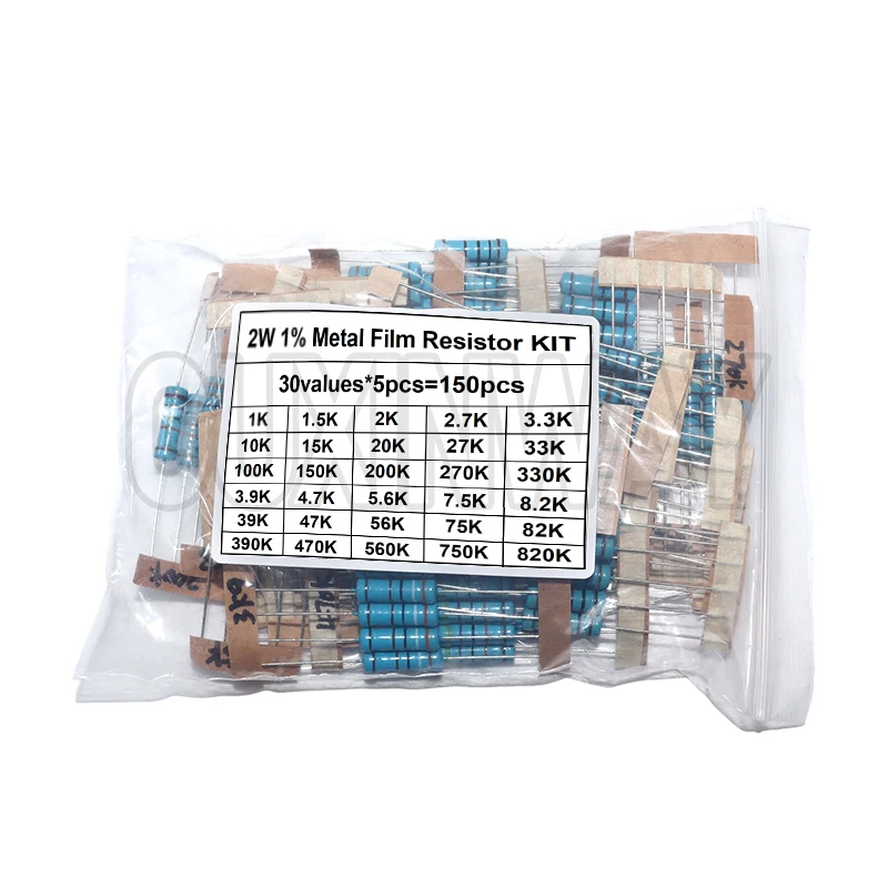 1/2 واط 1 واط 2 واط 3 واط المقاومة 1% معدن مقاوم من غشاء مجموعة متنوعة 30 قيم 1R ~ 750R 1 كيلو ~ 820 كيلو أوم