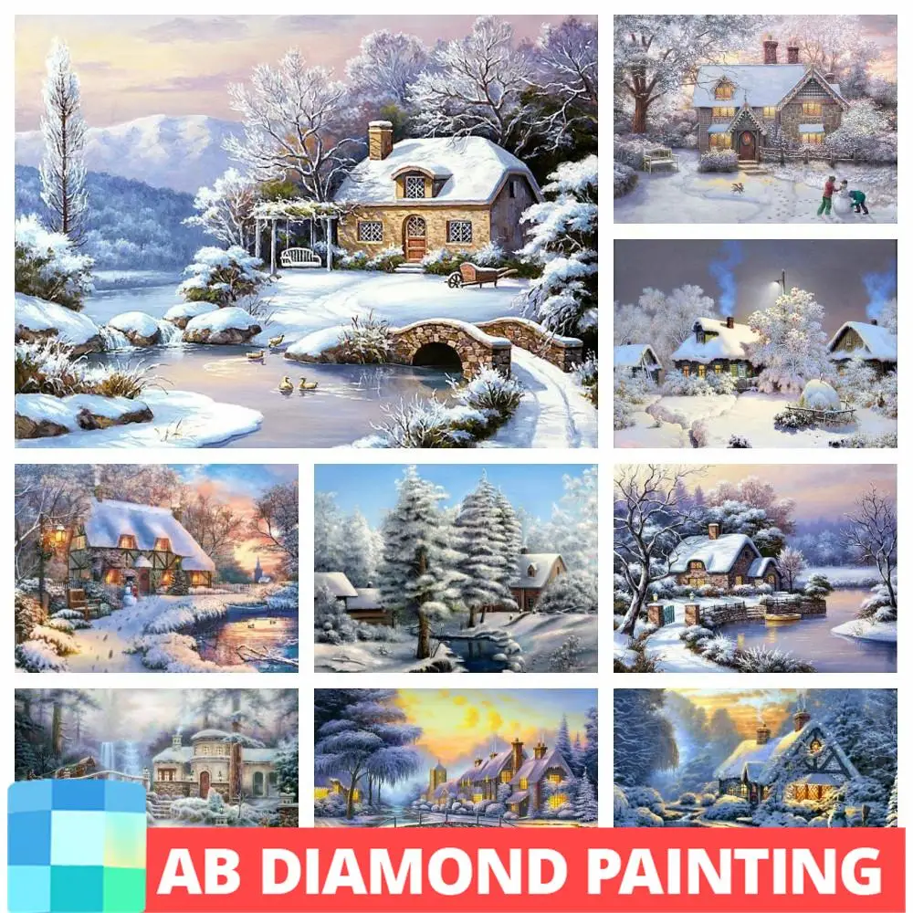 AB Drills DIY Diamond Embroidery Winter Full Square Diamond Painting Landscape Rhinestones Mosaic Cross Stitch House Wall Decor