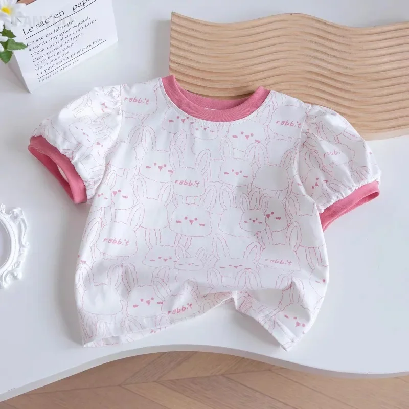 2026 Summer New Style Girls' Short-Sleeve T-Shirt, Stylish and Versatile, with Cartoon Bunny Full Print, Cute and Fresh