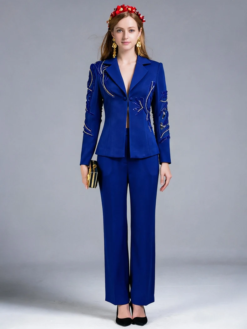 Women's Royal Blue Beaded Embroidered Blazer and Wide Leg Pants Set, Elegant Tailored Two-Piece Suit with Floral Sequin Detail