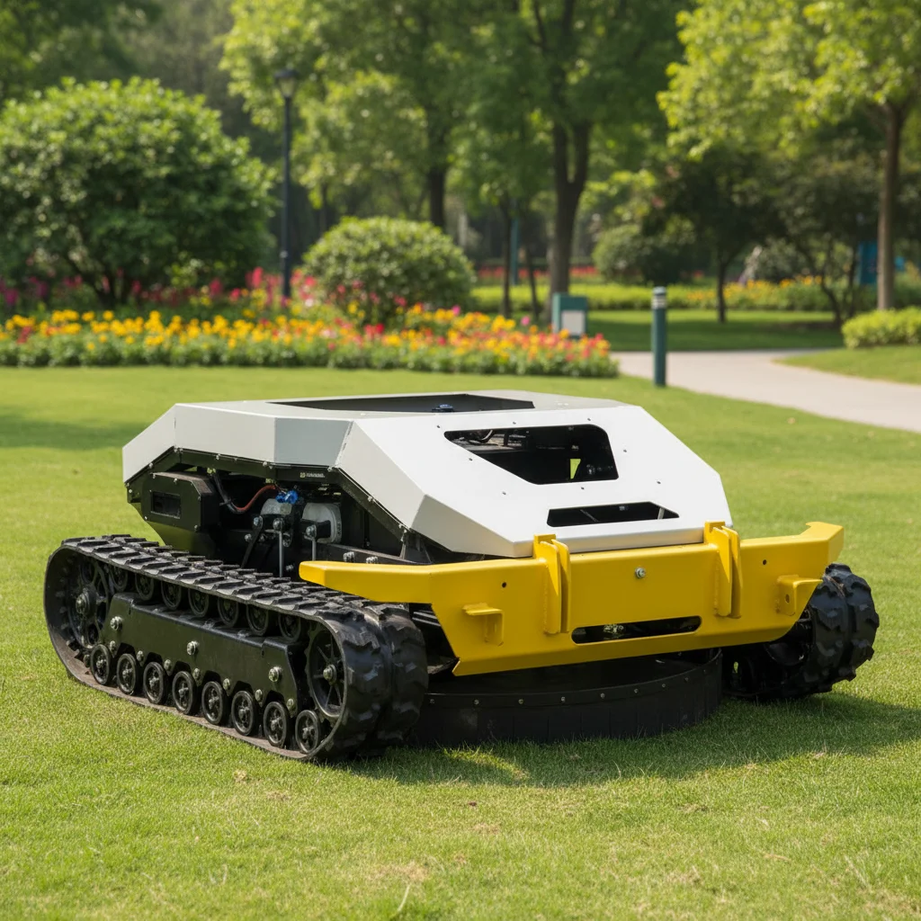 

Customize Remote Control Crawler Lawn Mower All Terrain Slope Adaptable Grass Cutting Machine