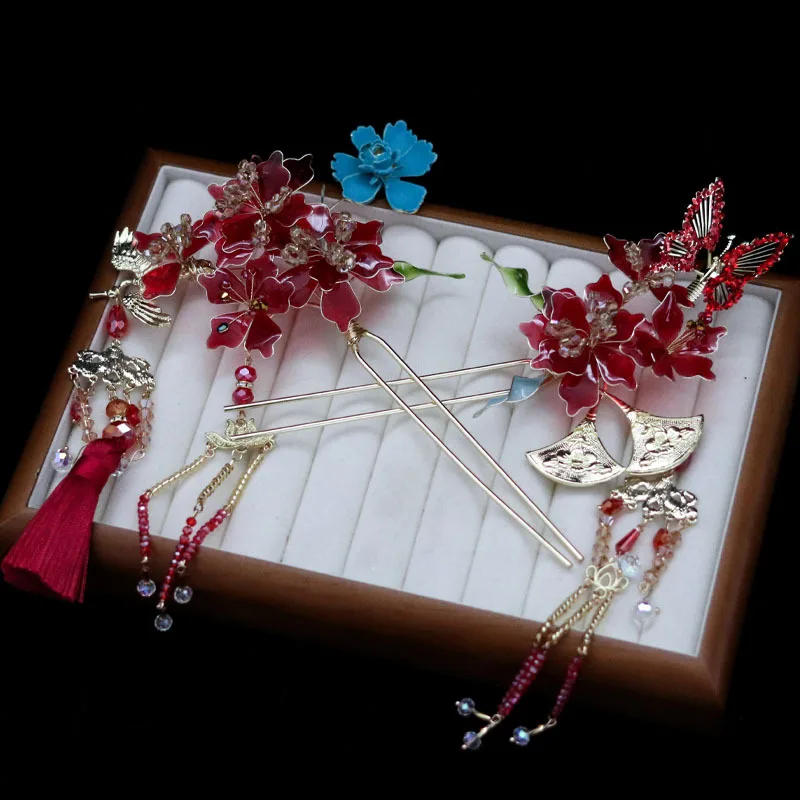 Bride's New Chinese Style Flowers Long Flowing Head Decoration Ear Hair Sticks Wedding Hair Jewelry