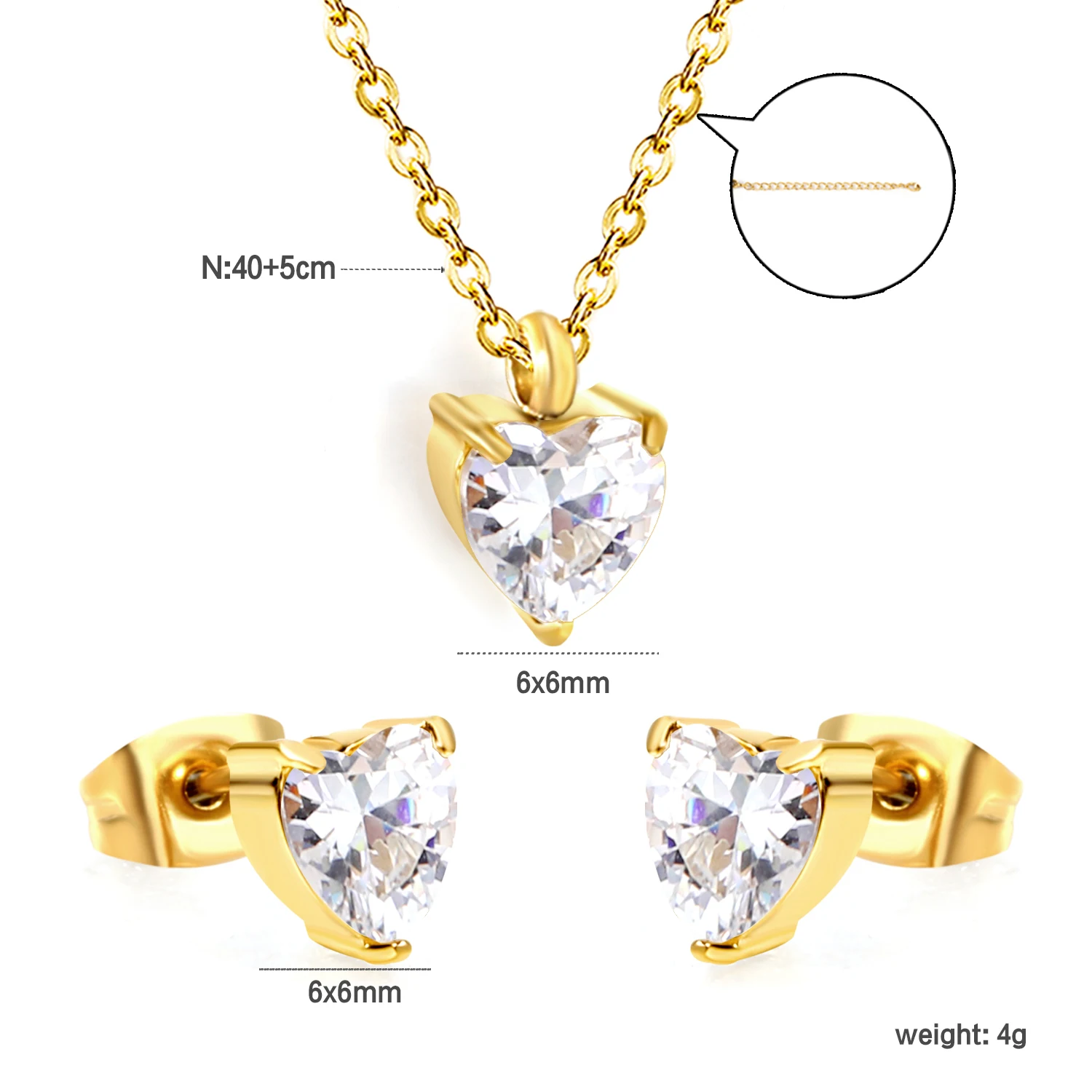 Heart White CZ Stud Earrings & Necklace Set
