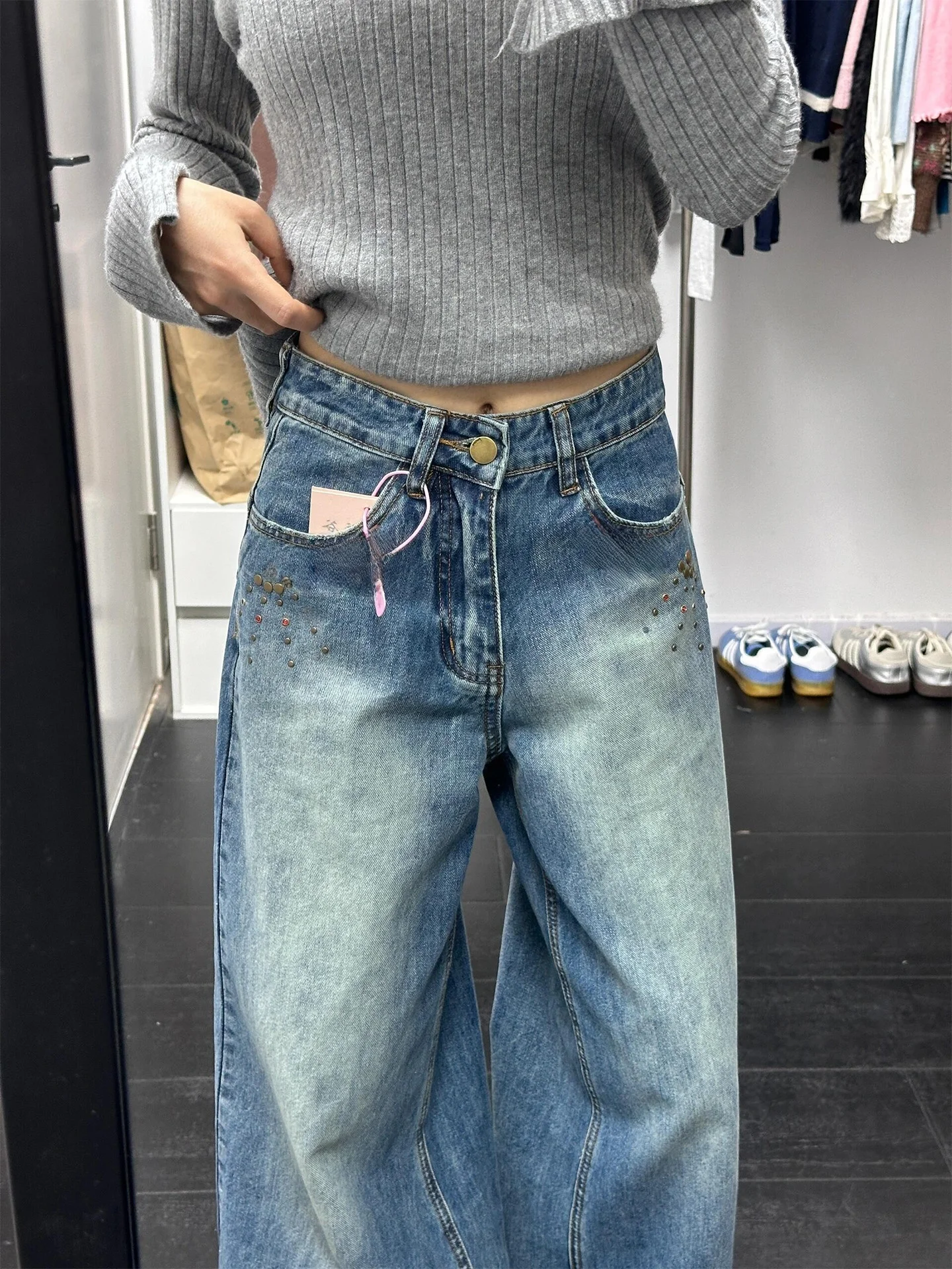 Retro bestickte Messer-Jeans mit weitem Bein für Damen, lockere Passform, Winter, neue Sle Pear Aped Body, hohe Taille, Denim-Hose