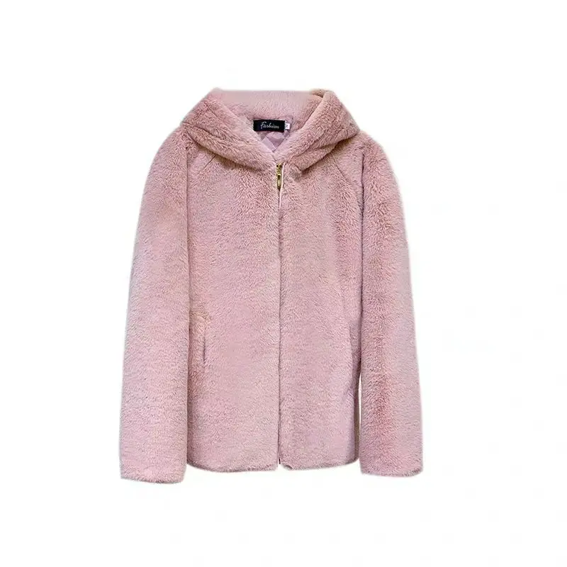 Veste zippée en fausse fourrure de lapin à capuche pour femmes, pardessus roses, oreilles d'hiver, peluche chaude, optique respirée, OupillGirls, nouveau, 2024