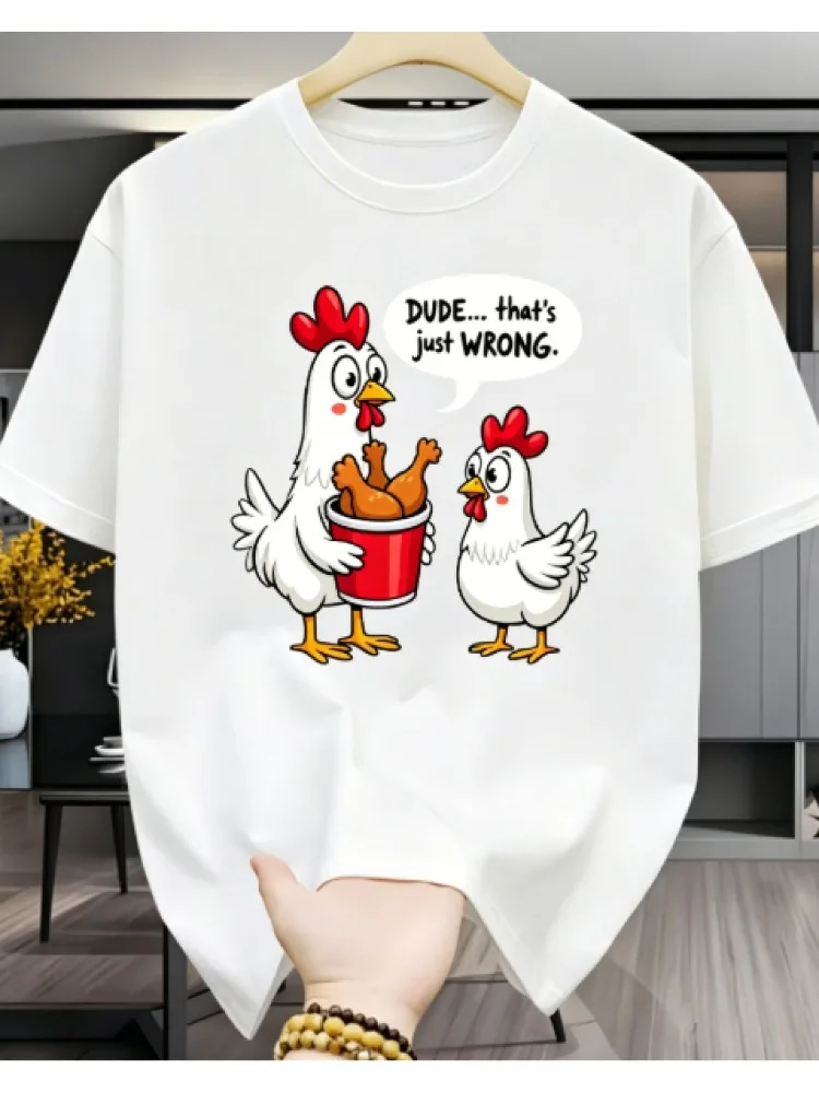 Mens Navy Cotton Tee Funny Chicken Fried Food Cartoon Speech Graphic Crew Neck Short Sleeve Humor Loose Male Casual Street Top