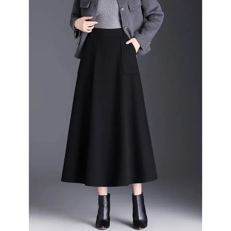 Outono inverno de lã bolso saia de comprimento médio a linha saia feminina nova cintura alta emagrecimento grande bainha saia casual