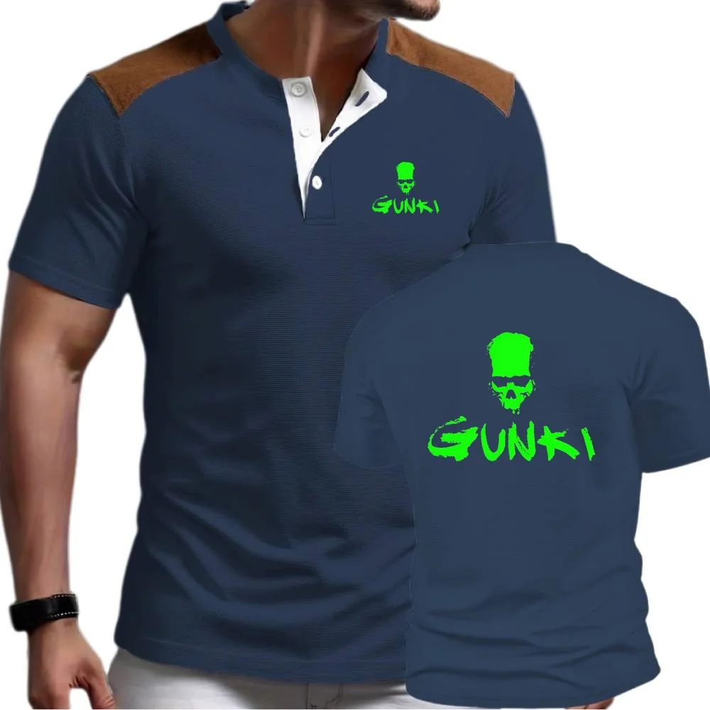 Summer Gunki Lapel Youth Trendy Men's Henley Shirts Short Sleeved T-Shirt Breathable Waffle Jersey Outdoor Athletic Tshir