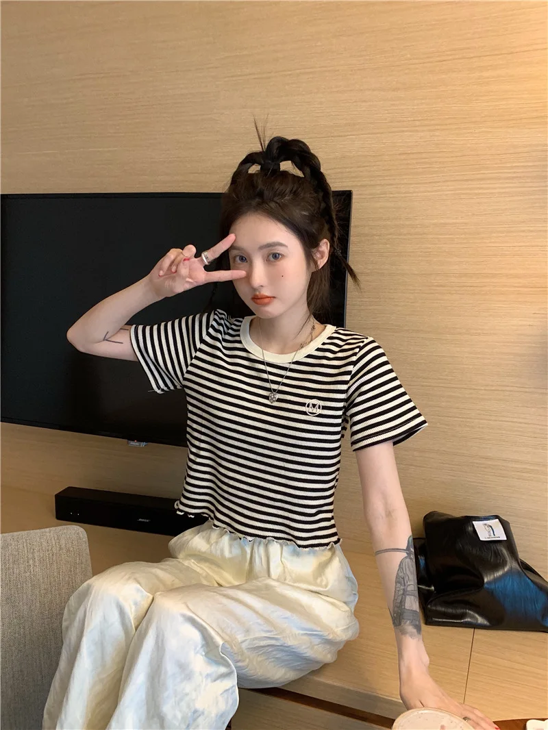2025 neue Gestreiften Crop Top Frauen Koreanische Crew Neck Sommer Print Kurzarm Tops Dünne Beiläufige Einfache Alle-spiel frauen T Shirts – Detail 18