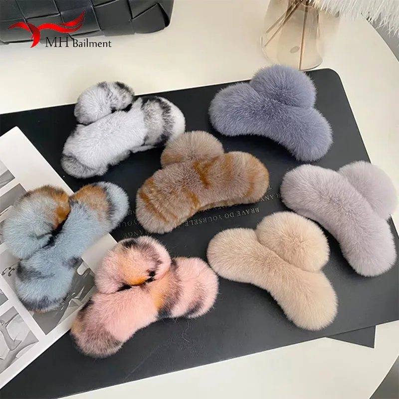 Real Rex Rabbit Fur Hair Claw Pink Large Clips Korean Cute Hairpins Covers Fashion Luxury For Women Girls Plush Clip Womens