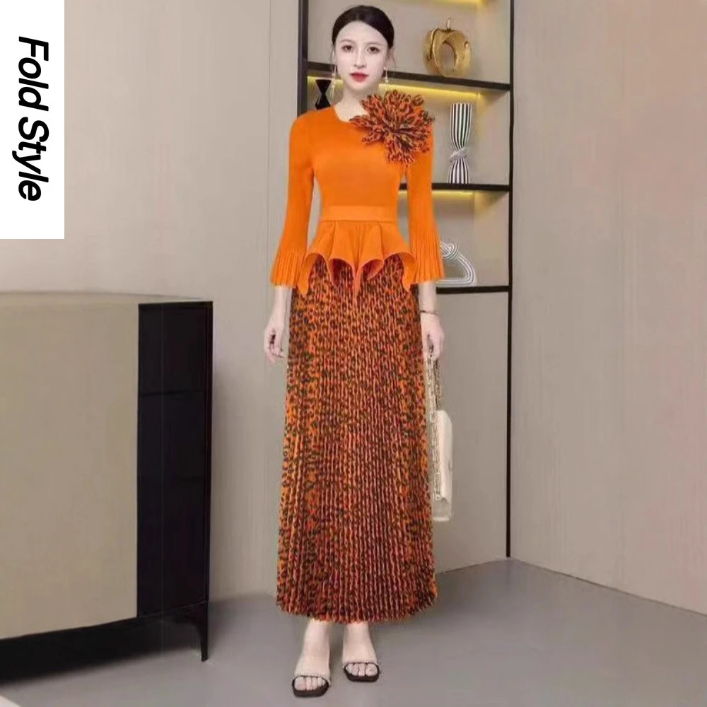 

Осень 2023, плиссированный костюм в стиле ретро с леопардовым принтом и эластичной резинкой на талии, тонкая средняя и длинная юбка, топ, комплект из двух предметов