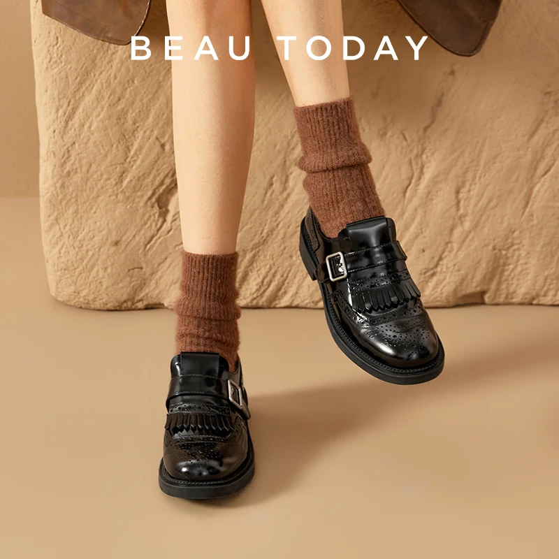 

BEAUTODAY Monk Shoes Women Cow Leather Buckle Band Brogue Style Round Toe Loafers Casual Office Ladies Flats Handmade 26248