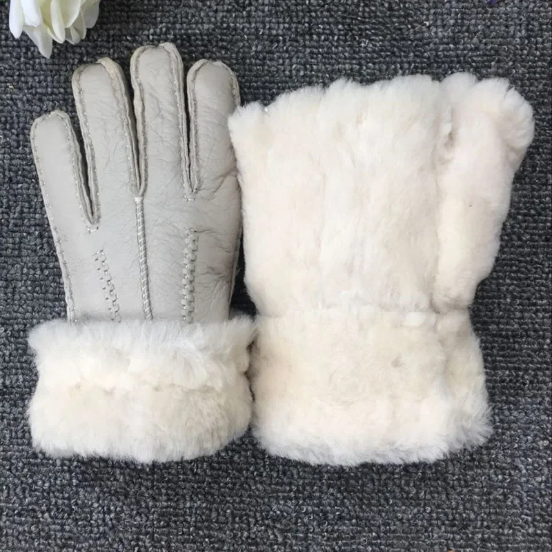 Gants chauds en cuir véritable pour hommes et femmes, mitaines en peau de mouton, fourrure de cachemire véritable, doigt complet, dames, hiver, 100%