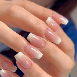 24Pcs Wearable French Fake Nails With Jelly Gel Simple Square False Nail Pink Short Detachable Press on Nail Tips Nude Manicure