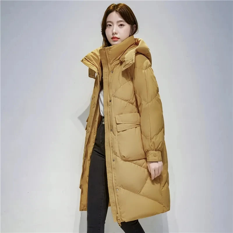 

2023 New Korea Down Cotton Coat Long Windproof Tops High-End Parkas Thick Warm Hooded Jacket Female Pocket Winter Parka Outwear