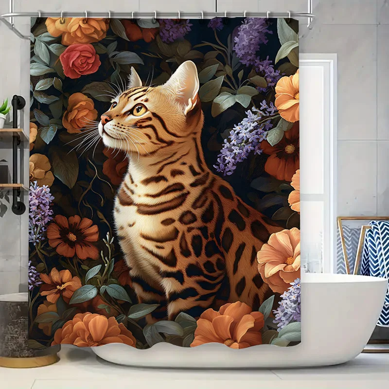 

Animal Shower Curtain Tiger Cat Floral Print Bath Rug Decoration Home Decor Waterproof Fabric Shower Curtains for Bathroom Tiles