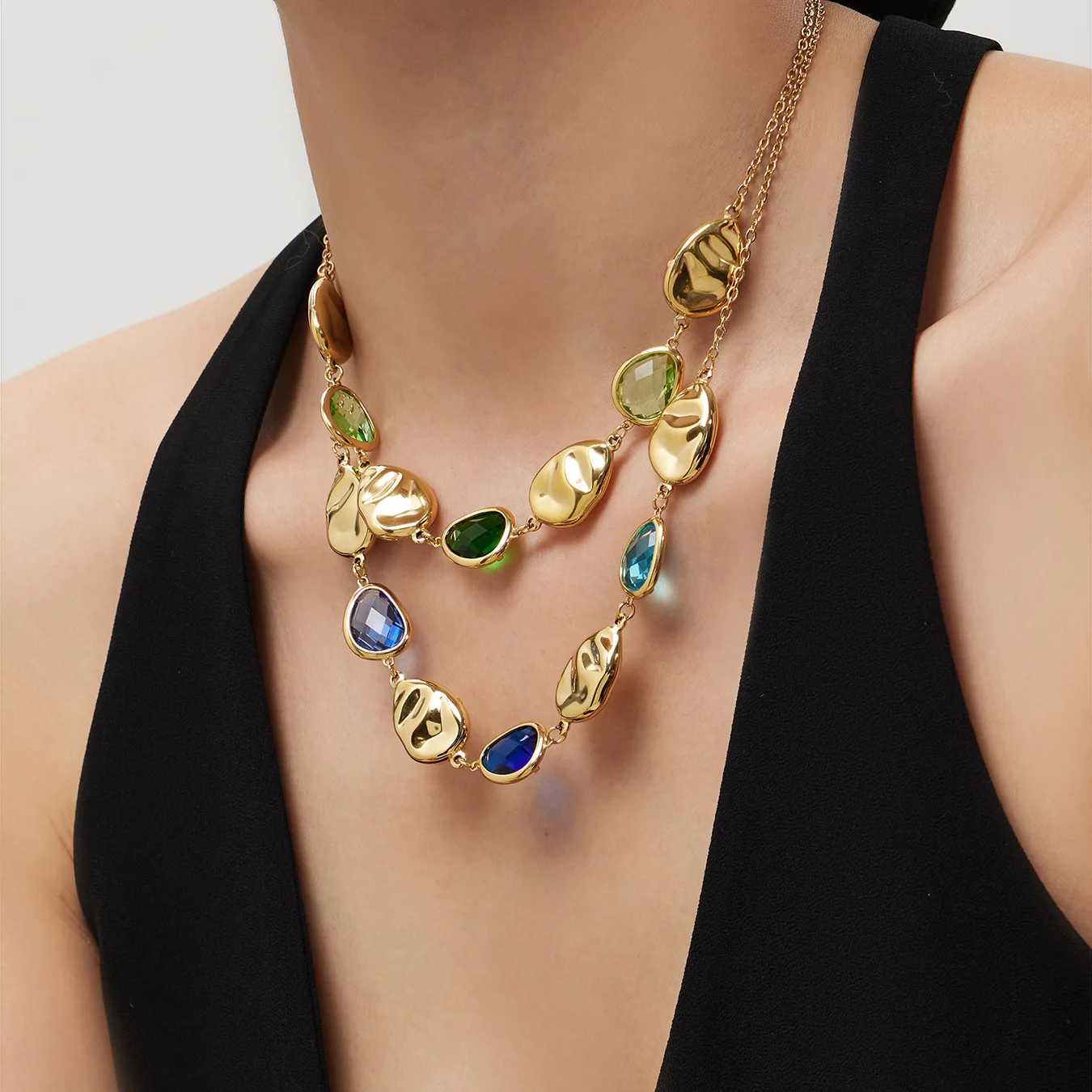 

Liquid Metal 18K Gold Plated Stainless Steel Colorful Teardrop CZ Necklace Multi Crystal Pendant Elegant Choker Party Jewelry