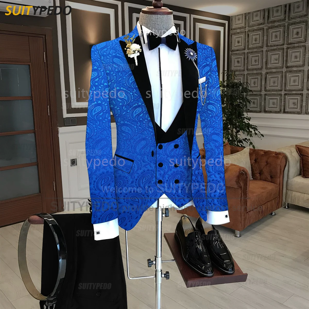 Tailor-made Men Printing Suit Sets Wedding Party Groomsman Elegant Blazer Vest Pants 3 Pieces Evening Dinner Slim Fit Outfits