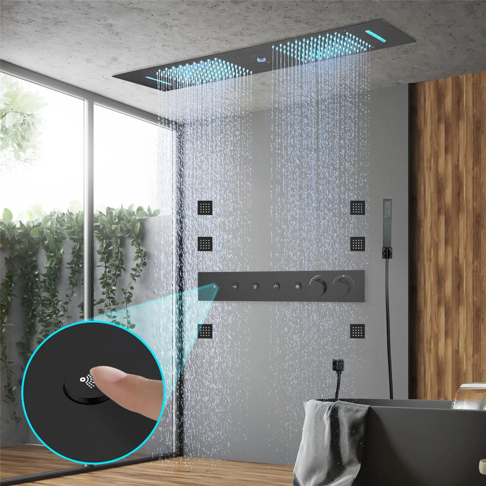 Embedded Music Shower Set, 36*12 Inch LED Overhead Shower Head, Button Control Thermostatic Valve, Luxury Bathroom Shower System