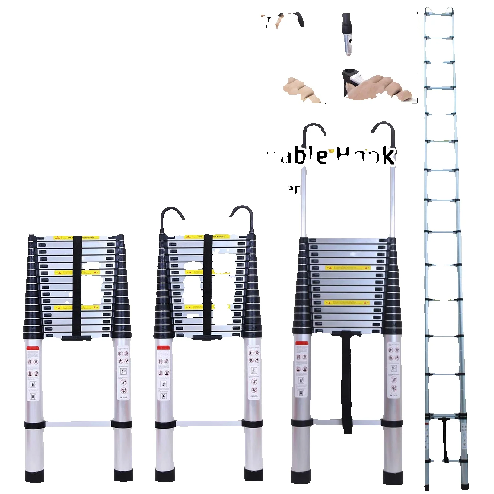 6,2M Telescopische Ladder met Haken, 20,3FT Inklapbare Aluminium Telescopische Ladder, Opvouwbare Ladder, Verlengbare Ladder, Zolderladder - afbeelding 2