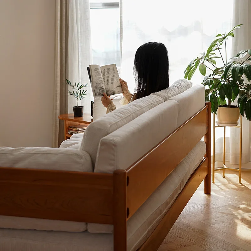 شقة صغيرة على الطراز الياباني أريكة من الخشب الصلب بالكامل، نسيج سروال قصير عتيق، ثلاثة أشخاص، أريكة أثاث من خشب الكرز #4