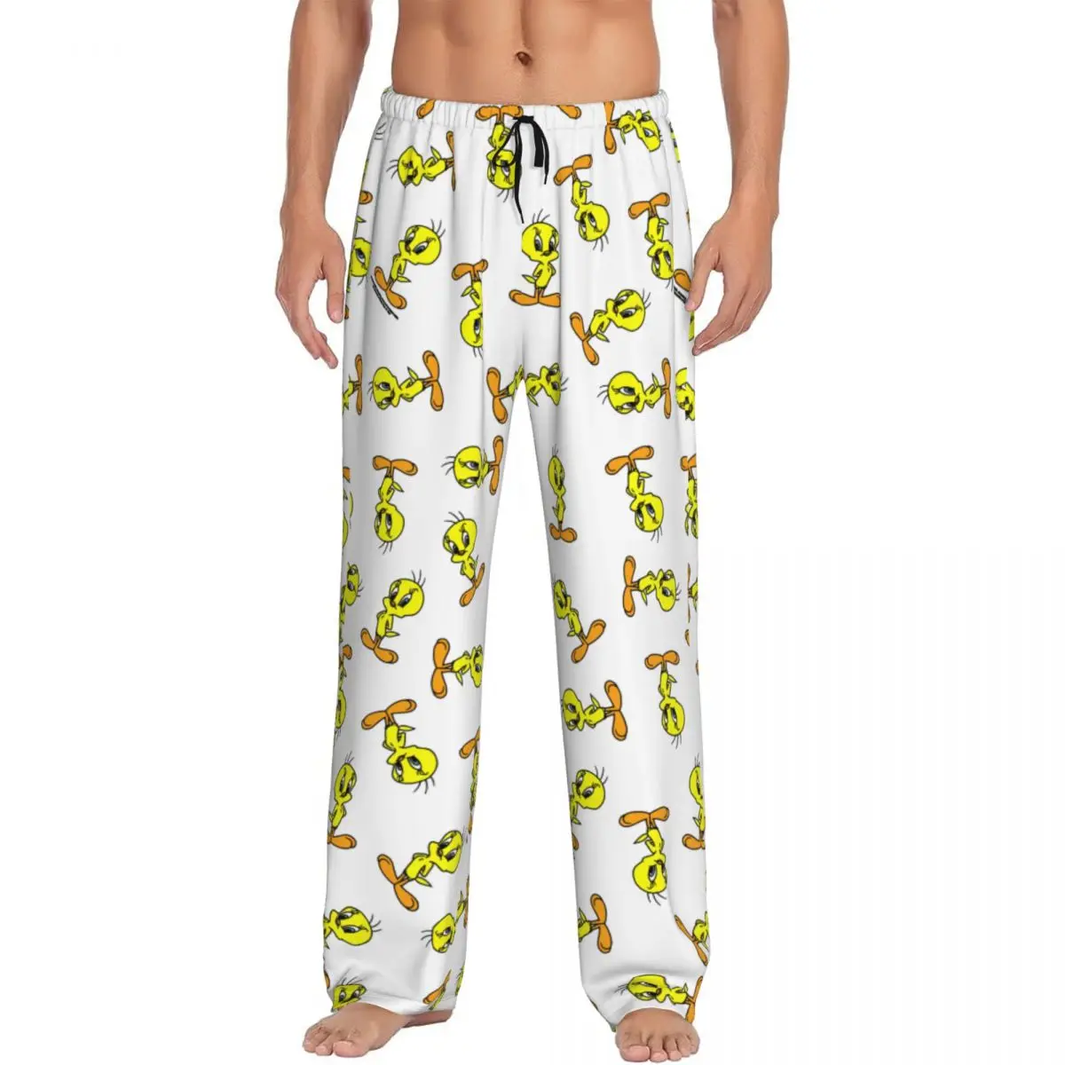 Custom Printed Men Yellow Bird Cartoon Games Tweetys Pajama Pants Sleepwear Sleep Lounge Bottoms with Pockets