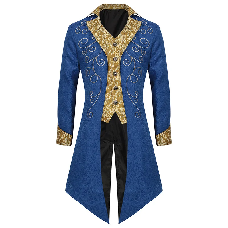 Mens Vintage Blue Medieval Steampunk Tailcoat Jacket Halloween Party Costume Victorian Renaissance Pirate Vampire Gothic Jackets