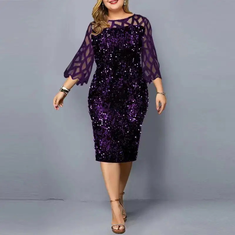 Edressu Vrouwen Pailletten Lace Avond Party Dress 3/4 Mouwen Plus Size Mid-Kalf Elegante Cocktail Formele Jurk LYT-3187