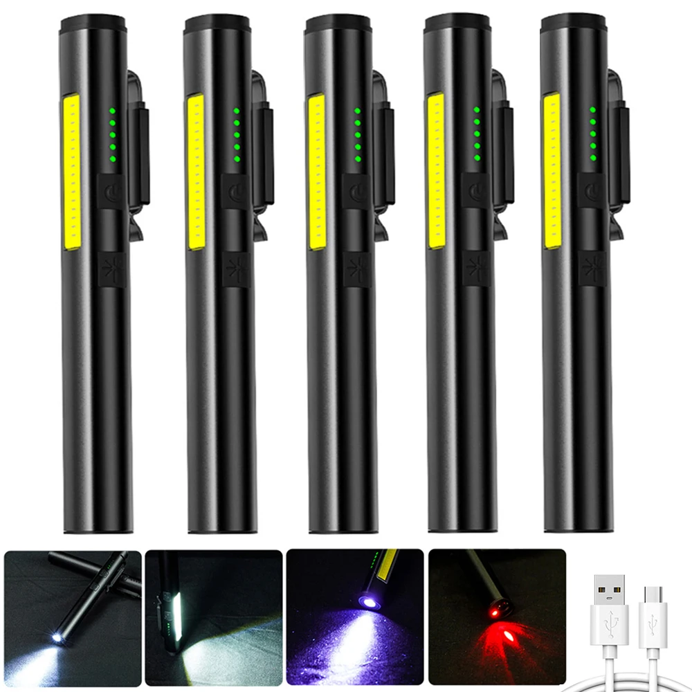 Powerful LED Flashlight UV Light+White Light+Red Light 3 Colors Light Pen Clip Flashlight Portable Torch Waterproof Pen Light