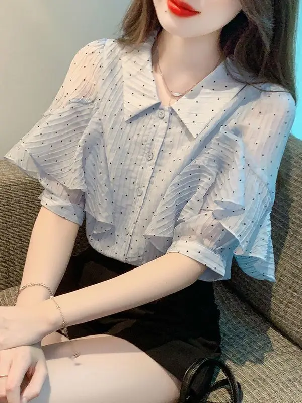 Summer Woman Blouse Short Sleeve Sweet Loose Bright Colors Youth Lively Elegant Puff Sleeve Fashionable Perspective Polo-neck