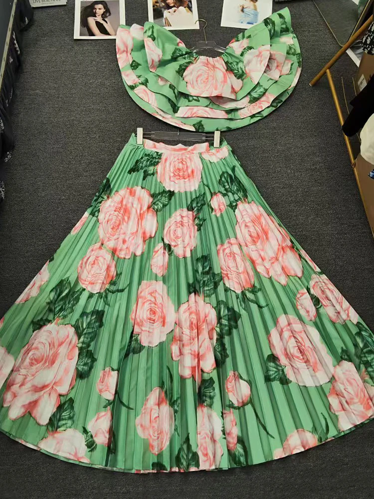 

Retro printed sexy one neck multi-level pullover two-piece set for 2025 summer women's clothing+loose pleated skirt fashion set
