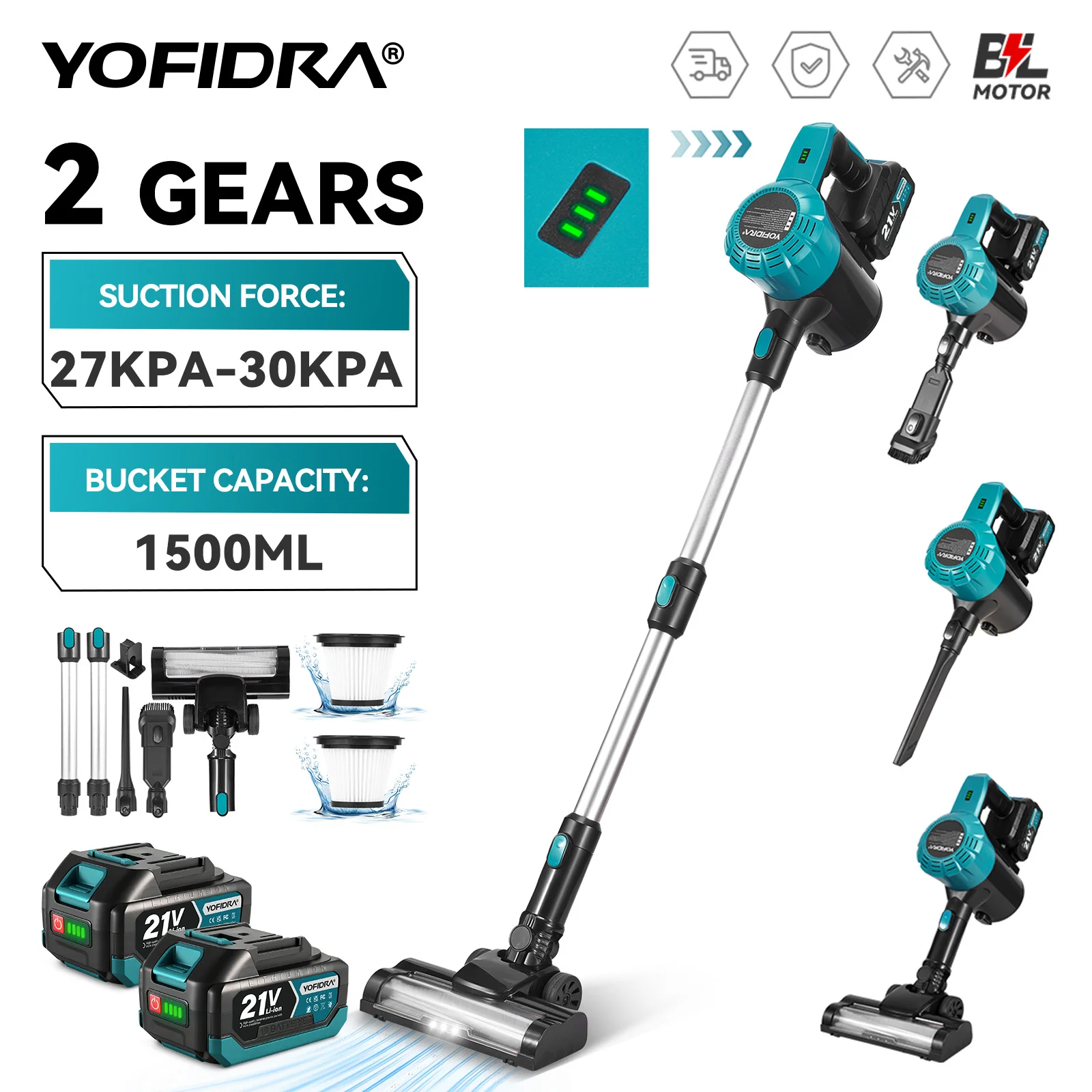 YOFIDRA 30KPa 5M/s Bürstenloser Staubsauger 2 IN 1 Tragbarer Leistungsstarker Sauger Haushaltsreinigungsgeräte Für Makita 21V Akku