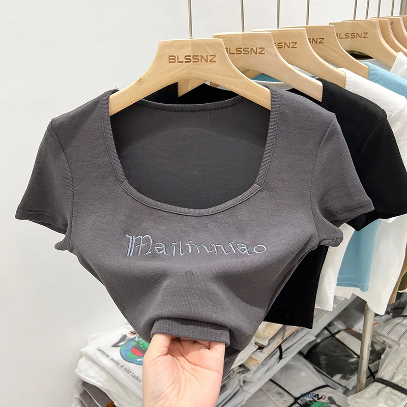 

Large Neckline Embroidery Women Short Sleeve Short Sleeve T-shirt Summer New Slim-fit Sweet Spicy Short Style Square Collar Top