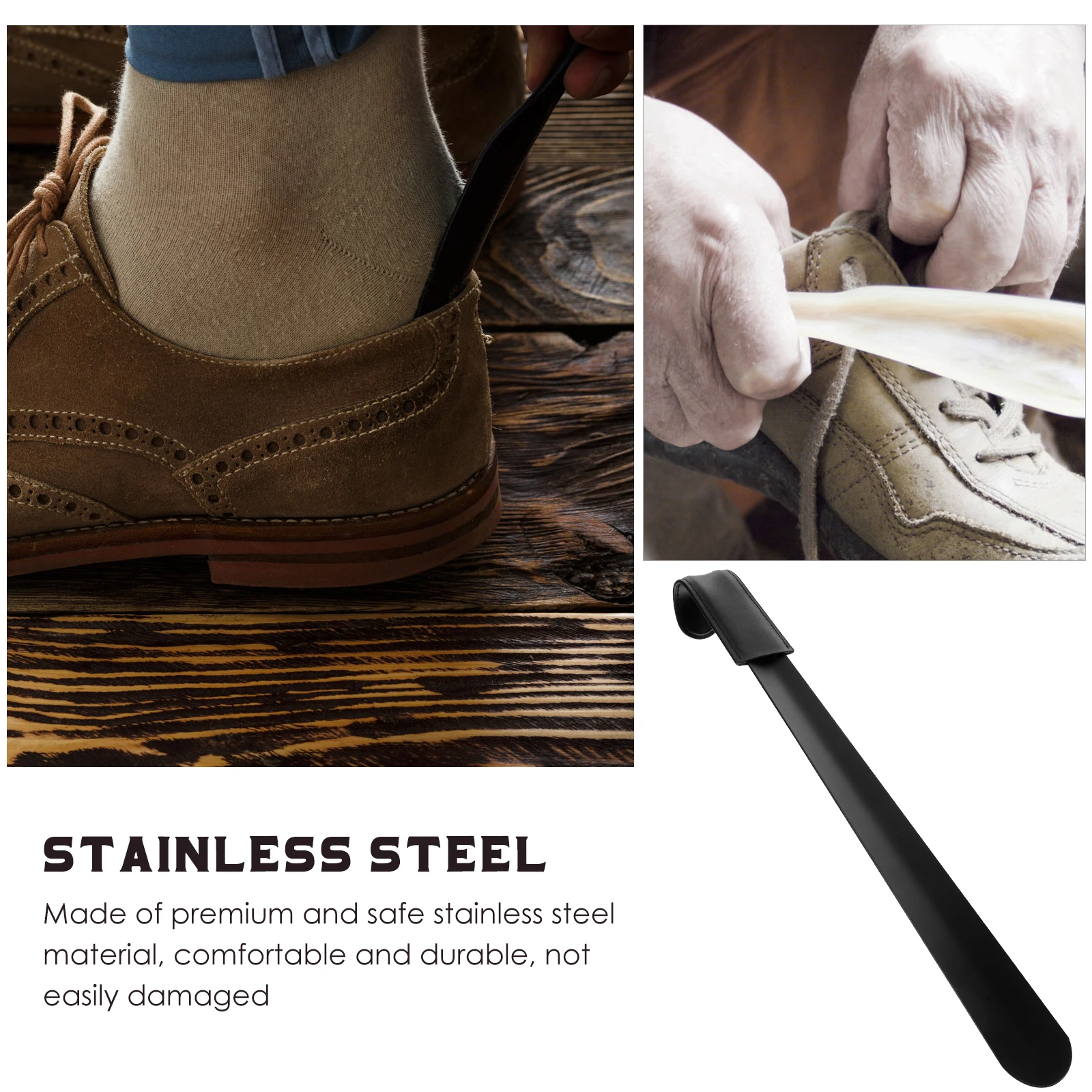 ที่โกยรองเท้าสีดำ พรีเมียม สแตนเลส ด้ามจับยาว ขอบโค้งมนเรียบ ทนทาน ใช้สำหรับใส่รองเท้าที่บ้าน หรือพกพาเดินทาง