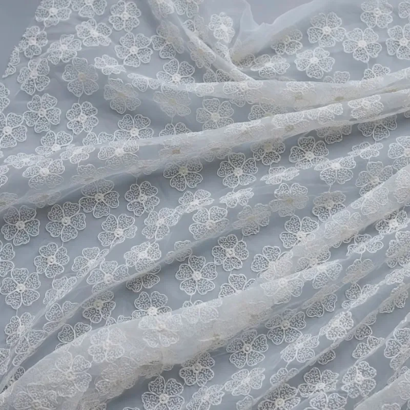 Biege Elegant Floral Embroidery Organza Fabric for Wedding Dress Skirt Clothig DIY Decoration Fabric By The Yard