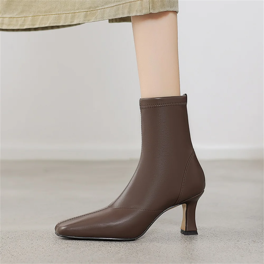 Taoffen Real Leather Women Stretch Boots Fashion Square Toe Thin High Heel Short Boots Slip On Dress Office Women Boots Handmade