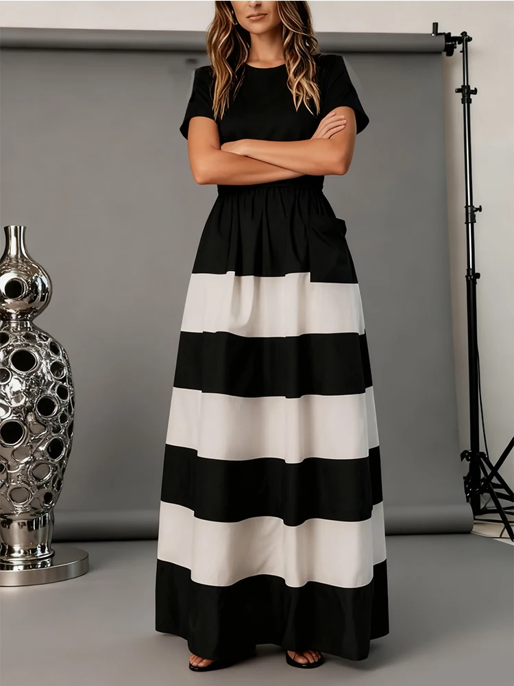 الاتجاه المرأة ألف خط فستان ماكسي عالية الخصر فساتين الحفلات التباين اللون مطوي جيب عادية شاطئ عطلة ضيف فستان أنيق