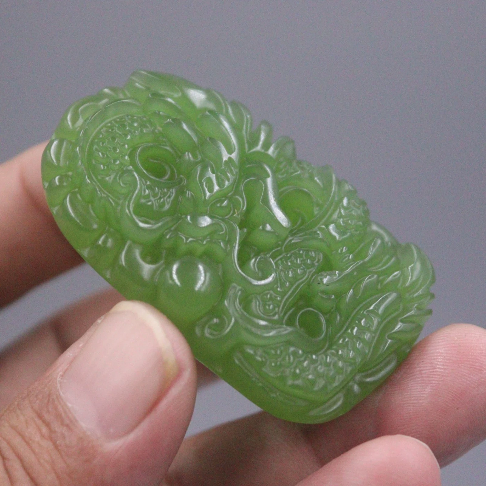 Natural Jade Jasper Lucky Men Women Gift Green Carved Dragon Oblong Pendant