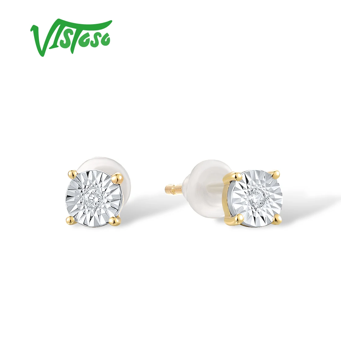 

VISTOSO Gold Earrings For Women 9K 375 Two Tone Gold Sparkling Diamond Stud Earrings Daily Fashion Trendy Gift Fine Jewelry