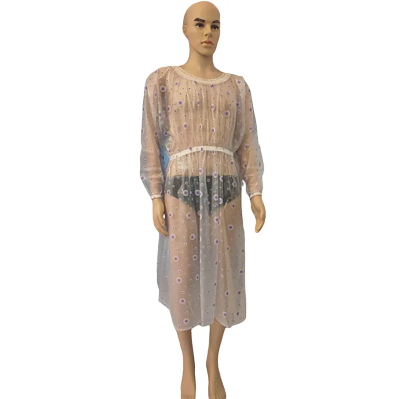 

Men PVC Sexy Big Polka Dot Long Sleeved Lace Round Neck Dress Sheer Soft Silent Loose Women Erotic Plastic Long Skirt ABDL