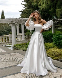 Customized Removable Puff Sleeve Satin Wedding Dress High Slit Side A-line Simple Plus Size Bridal Dress with Court Train 2022